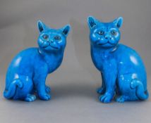 French Early 20thC Pair of Turquoise Painted Glazed Cat Ceramic Figures. Both in a sitting position.