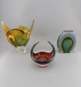Three Pieces of Murano Style Glass comprising Futuristic Vase 5 inches high,