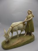 Royal Dux - Porcelain Hand Painted Figure ' A Young Girl Pulling a Goat,