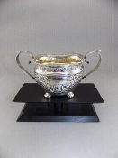 Victorian - Fine Silver Twin Shell Motif Handled Embossed Sugar Bowl, Raised on 4 Ball Feet,