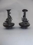 2 Small Bronzed Effect Vases With Applied Dragon Decoration, Unmarked, AF,