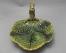 19thC Minton Majolica Nut Dish Surmounted With A Squirrel, dish With Moulded Leaf,
