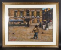 John Mackie 1953 - Large Continental Sunlit Terrace with Figures. Pastel. Signed and Dated 97. 23