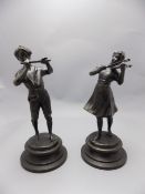 French Pair of Signed Bronze Figures ' A Boy and Girl Playing Musical Instruments '. Signed to Base.