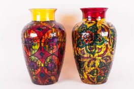 Illusions Hand Painted Impressive Pair of Multi Coloured Glass Vase. Labels to Bases. Each Stands