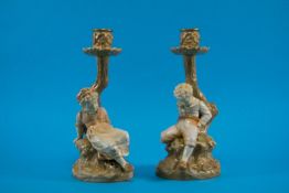 Royal Worcester Pair of Figural Polychrome and Ivory Candlesticks,