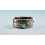 Broad Silver Hinged Bangle, The Front With Engraved And Etched Foliage Decoration With Raised Gilt