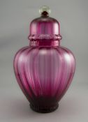 Late 19th Century Large Cranberry Glass Lidded Melon Shaped Ginger Jar with Fluted Body. Stands 12.