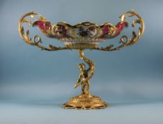 A Late 20th Century Large Twin Handle Figural Gilt Metal and Ceramic Centrepiece / Bowl. 16.