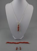 Coral Jewellery Comprising A Large Necklace On Silver Chain, Silver Earrings And A Bracelet