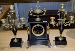 Late 19thC Slate/Marble Mantle Clock Of Plain Form, Black Dial With Gilt Numerals, Complete With Two