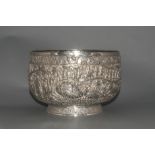 Burmese 19th Century Very Fine Repousse and Impressive Large Scale, Silver Footed Bowl with Highly