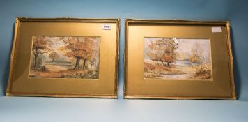 H Crowe Pair Of Gilt Framed Country Landscapes With Trees, 7x11 Inches,