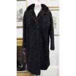 Black Astrakhan Three-quarter Length Coat with dark brown mink collar with revers, slit pockets,