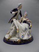 Royal Dux - 1930's Hand Painted Blue and White Porcelain Group Figure of A Courting Couple In 19th