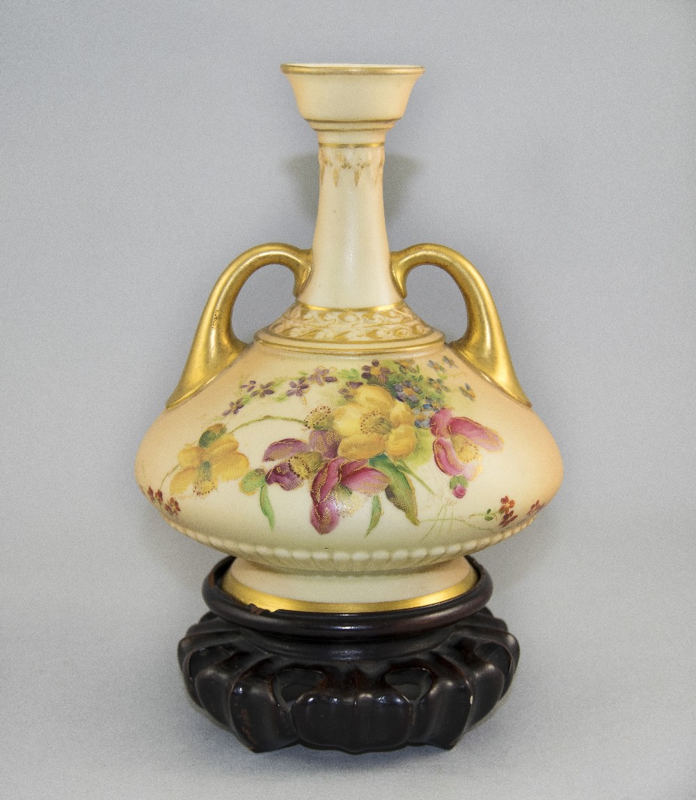 A Royal Worcester Blush Ivory 2 Handled Specimen Vase, Dated 1904.