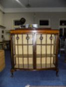 Early 20thC Mahogany Bow Fronted Display Unit, Astral Glazed Doors, 2 Silk Lined And Backed Shelves,