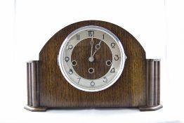 1920's/30's Oak Mantle Clock Silvered Chapter Dial With Arabic Numerals.