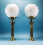 2 Brass Corinthian Column Newel Post Lamps With Globular Milk Glass Shades,