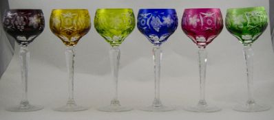 Bohemian Fabulous Set of Six Hand Cut Crystal Hock Glasses with Different Flashed Colour ways and