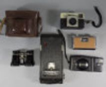 Assorted Cameras including Kodak Brownie, Kodak Instamatic, Ilford Sporti, folding opera glasses