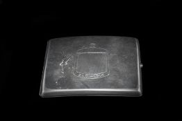 Early 20th Century Silver Cigarette Case of curved rectangular form. The front engraved with a car