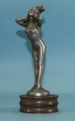 Nickel Plated Car Mascot Depicting A Nude Glamour Girl Raised On A Turned Metal Base,