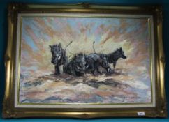 Barry McMullan Irish Artist Titled 'The Warhogs' Pallet Oil on Board. Signed and dated 1999. 19.