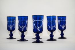 Victorian - Fine Bristol Blue Set of Six Matching Goblets with Applied White Enamel Ribbon and