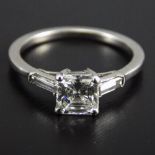 Ladies White Gold Diamond Ring, Set With A Central Asscher Cut Diamond Between 2 Baguette Cut