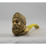 Carved Amber & Meerschaum Pipe, Large (15.5cm) Pipe With Amber Stem, Finely Carved Bearded Eastern