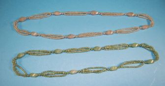 Pair of Matching Gemstone Necklaces, one rose quartz and one prehnite, each with three rows of small