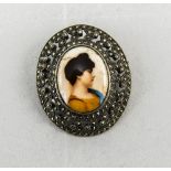 Silver Marcasite Brooch With Central Plaque Depicting A Young Maiden,