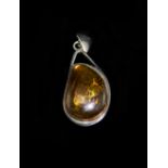 Large Silver Amber Pendant With Polished Amber Stone, Stamped 925, 6 x 3 cm Including Bale