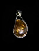 Large Silver Amber Pendant With Polished Amber Stone, Stamped 925, 6 x 3 cm Including Bale