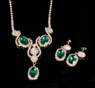 Emerald Green and White Crystal Necklace and Earrings Set, Art Nouveau style with sinuous lines