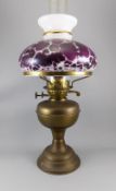 Edwardian Thin Wick Table Brass and Glass Oil Lamp. 19 Inches In Height.