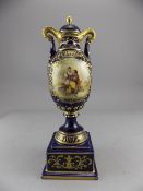 Royal Vienna Small Urn Shaped Lidded Pedestal Vase, Raised on a Stepped Square Shaped Plinth / Base.