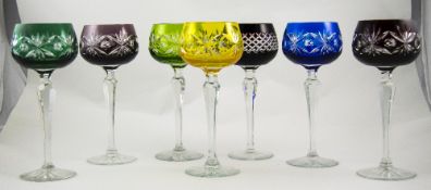 Venetian - Murano Set of Seven Wine Glasses, with Various Colour ways, Includes Ruby, Blue,
