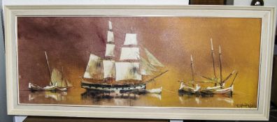 Euan Fraser 20th Century Scottish Artist Panoramic Sea Scape ' Schooners ' Oil on Canvas, Signed.