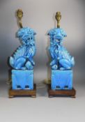 Chinese Fine Pair of Table Lamps, Made In The Form of Turquoise Glazed Foo Dogs ( Temple Lions ) c.