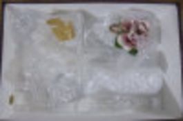 Collection of Glass Ware including drinking glasses, china rose ornament, trinket pots etc
