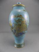 Carlton Ware Early W & R Lustre Ware Vase ' Pagoda ' Gold on Sky Blue Ground. Printed Marks to