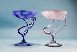 2 Studio Glass Spiral Dishes 1 blue, 1 mauve/pink,