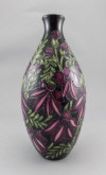 Moorcroft - Bottle Shaped Trial Vase, Pink Flowers on Dark Green Spots. Date 5/3/12. 9.25 Inches