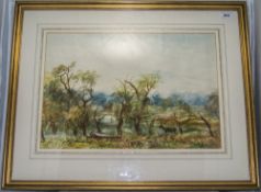 Framed Watercolour Country Landscape With Deer And Figure 30x19 Inches