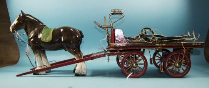 Shire Horse And Painted Scale Model Wooden Cart In Red With Harnesses,