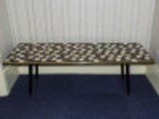 1960's Kitsch Rectangular Coffee Table, Geometric Mosaic Top In Gold, Black And White, Raised On