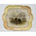 Royal Worcester Hand Painted and Signed Reticulated Cabinet Plate / Dish - Highland Cattle on a