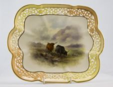 Royal Worcester Hand Painted and Signed Reticulated Cabinet Plate / Dish - Highland Cattle on a